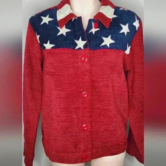 Coldwater Creek SizeMedium American Flag Jacket Chenille Red Blue Stars Stripes - Picture 1 of 7